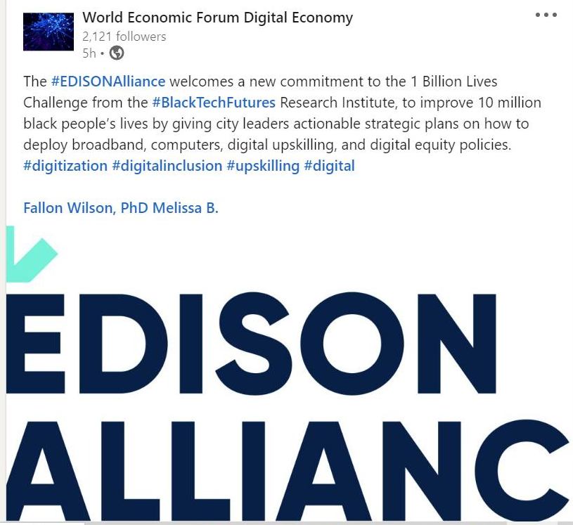 SistahWilson's tweet photo. Thank you @wef Edison Alliance for including us. We are building tech futures &amp; digital equity 4 black people in the African Diaspora using research, data, &amp; on-the-ground black public interest technologist networks. #blacktechfuture #digitalequity
https://t.co/VZkMthuLd4 https://t.co/pQNll574jC