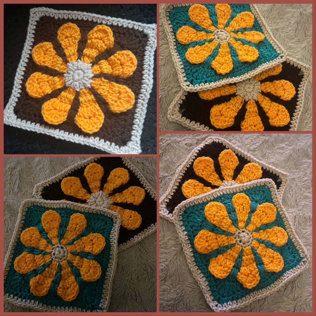 Messing about with a this wip flower square pattern, that’s two sizes made. 
One more to try later 🥰  
#crochet #wip #craftbizparty #UKMakers #inbiz #mybiz #crafts #yarn #crochetdesign #design #flowerpower #peace