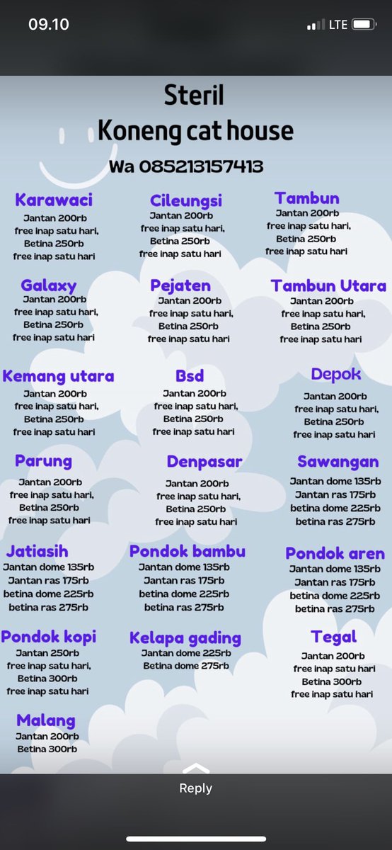 xeeesooxeee's tweet photo. @kochengfs yang ada rezeki berlebih, mending bantu steril kucing liar buat menekan populasinya. ni ada tempat steril subsidi murah (aku jg sterilin kucing liar di sini). yg domisilinya tertera, bs disesuaikan. bs antar-jemput (+ 100k) atau antar lgsg ke klinik. panjang umur hal-hal baik ❤️ https://t.co/Bufeszi8yM