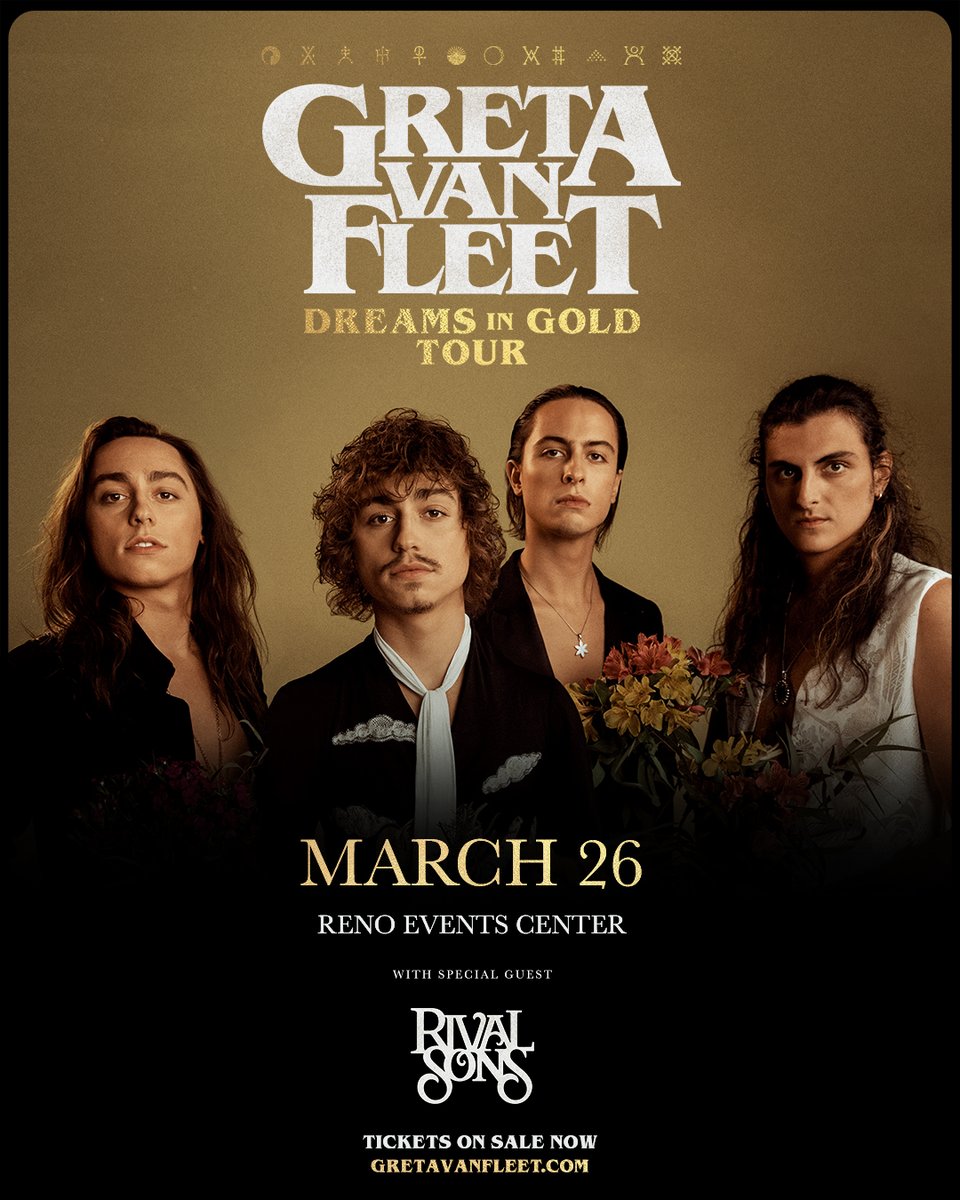 GretaVanFleet's tweet photo. We are excited to announce an additional Dreams In Gold show in Reno, NV on March 26. Tickets available Friday, December 16 at 10AM PT: https://t.co/VTIw4UJZfW https://t.co/b6cuSHMcUE