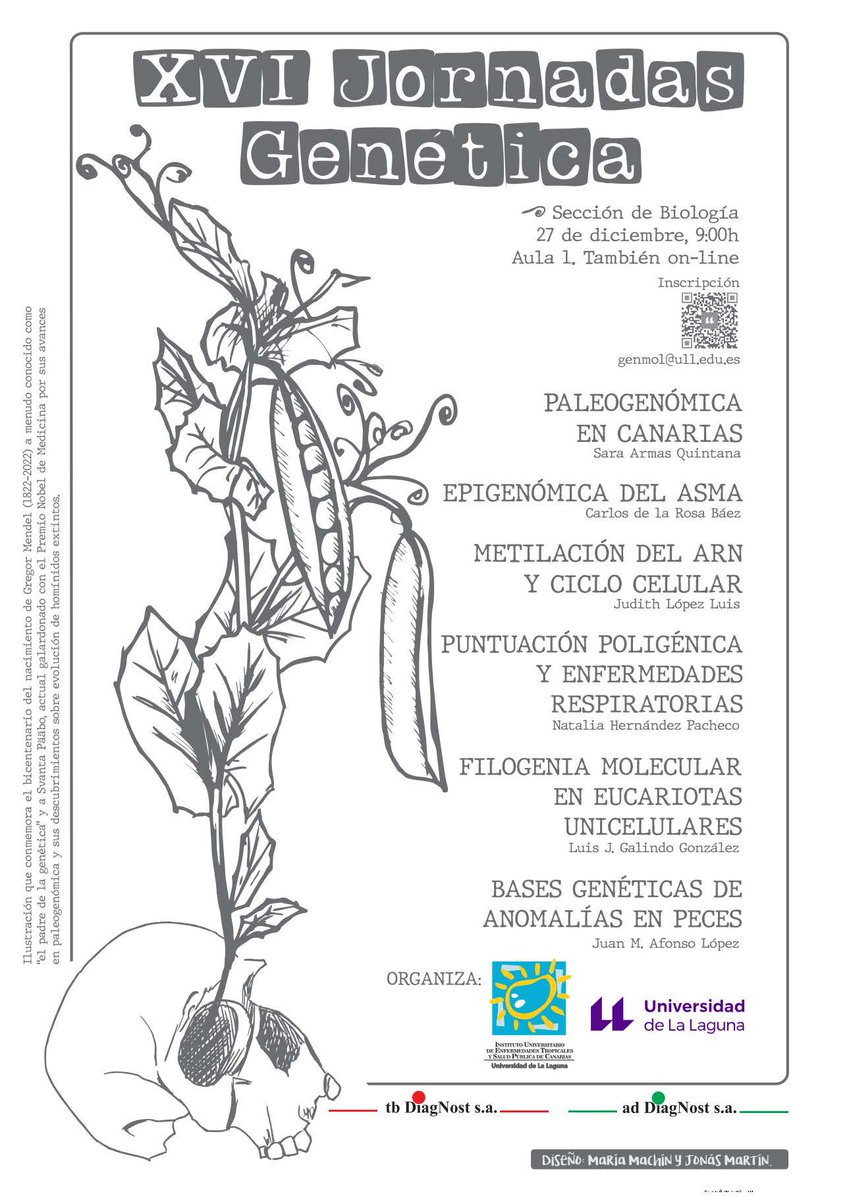 Ya estamos de lleno con la organización de las XVI Jornadas de Genética de la ULL. Será el martes 27. Aula 1 de Biología, en sesión presencial y online. Anímate a estar con nosotros ese día y ver la evolución de nuestros ex-alumnos en su carrera científica forms.gle/VuwatoqsFod9g3…