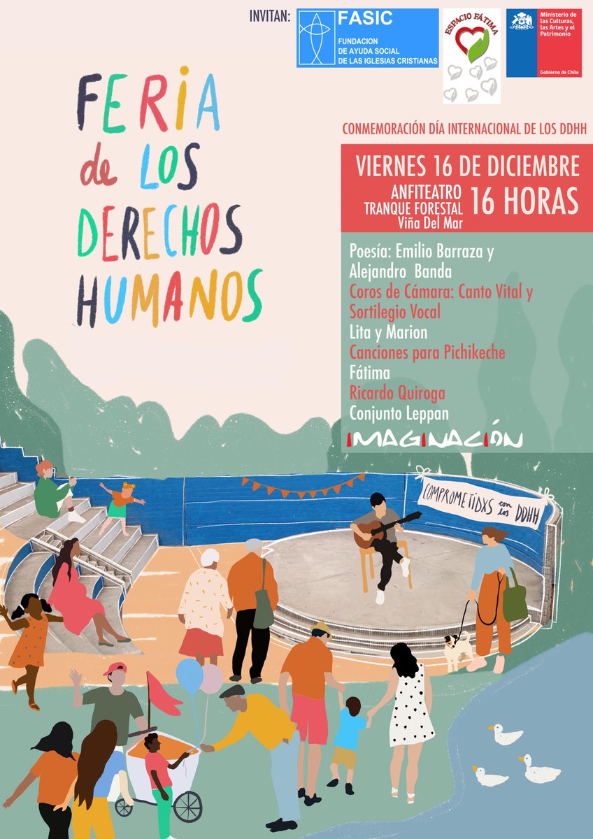 FASICDDHH's tweet image. 👏 Para conmemorar el #DíaInternacionaldelosDerechosHumanos, este viernes 16 de diciembre se llevará a cabo la Feria de los Derechos Humanos.
📅 Viernes 16 de diciembre, 16 horas
📍 Anfiteatro Tranque Forestal, Viña del Mar.
👉 La entrada será libre.