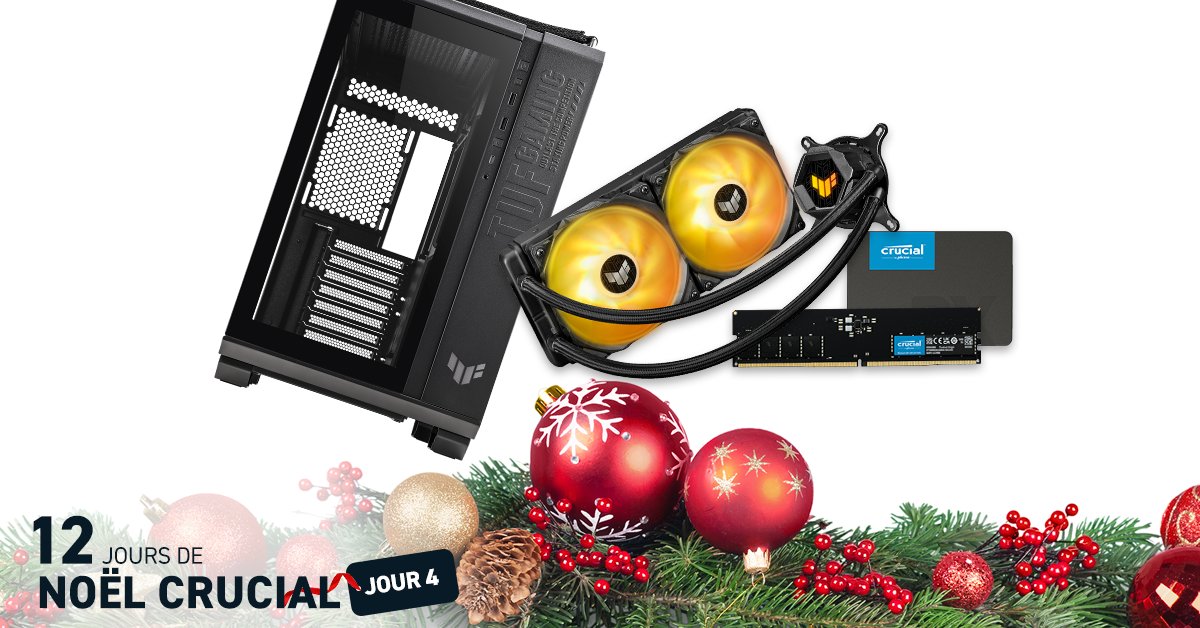 Qu’est-ce que vous diriez d’un #SSD SATA BX500 de 1To et de RAM 4800 DDR5 16Go pour le Jour 4 de notre concours de Noël ? Auxquels @ASUS_ROG_FR ajoute également un boîtier PC TUF Gaming GT502 ainsi qu'un watercooling RGB LC240 ! ✨ Pour participer 👉 crucial.gg/12DaysFR