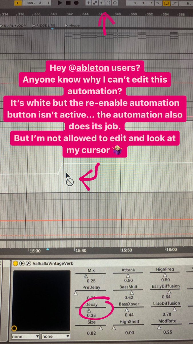 Hey <a href="/Ableton/">Ableton</a> users..? Anyone know why I can’t edit this automation? It’s white but the re-enable automation button isn’t active and also the automation does actually work. But I’m not allowed to edit and look at my cursor 🤷🏼‍♀️