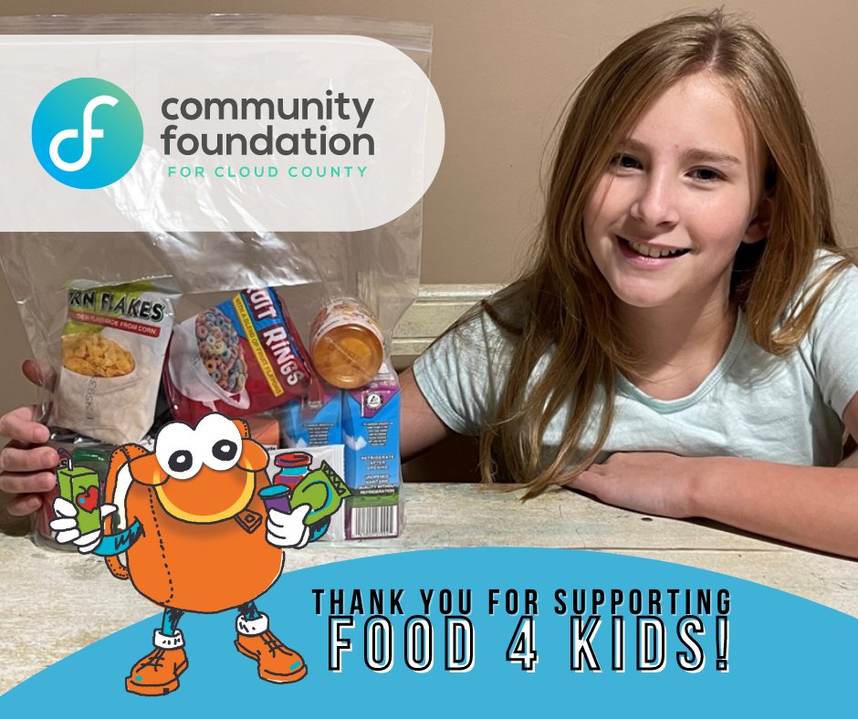 We're proud to accept a grant for the Food 4 Kids program in Cloud County from the <a href="/cfcloudcountyks/">CF Cloud County</a>!  Thanks to this grant, made possible by the Kansas Health Foundation Fund of the Community Foundation for Cloud County these kids can return to school on Monday ready to learn!