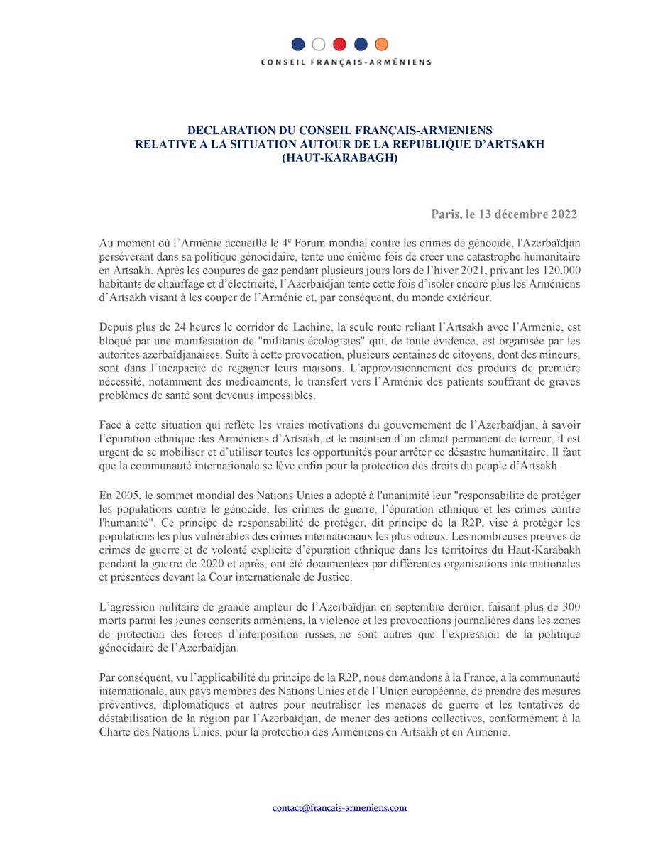 FrancArmeniens's tweet photo. Nous demandons à la 🇫🇷, à la communauté intle,aux pays membres de @UN et @EU,de prendre des mesures préventives, diplomatiques pour neutraliser les menaces de guerre,les tentatives de déstabilisation par 🇦🇿,de mener des actions pour la protection des Arméniens en Artsakh et en🇦🇲. https://t.co/KaF4mejGS6