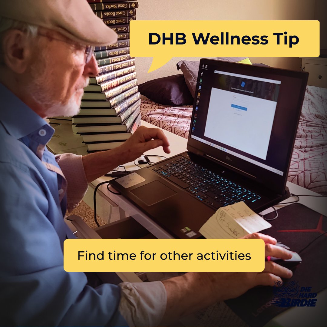 DieHardBirdie's tweet photo. A friendly reminder from your gamer grandpa to try scheduling in time to do other things you enjoy. Even if you like gaming so much, maintaining a balance is essential, and making time for these activities can aid with time management. 💆♂️
#DHBCares #Wellness #GamingWellness https://t.co/PKp2WMfpaM