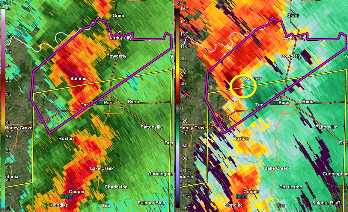 BrianJamesWx's tweet photo. New Tornado WARNING for Lamar County. Confirmed tornado occurring. This area was hit by a damaging tornado November 5th ... and this tornado will pass near #Powderly too. #txwx #WeatherAware https://t.co/QwRbnywOne