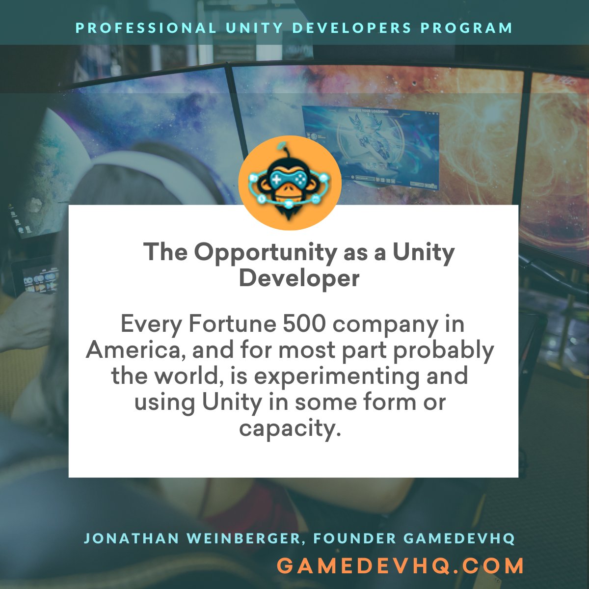 GameDevHQ's tweet photo. The opportunity as a Unity Developer: Every Fortune 500 company in America, and for most part probably the world, is experimenting and using Unity in some form or capacity.  #gamedeveloper #gamedev #unity3d #softwareen #developerjobs https://t.co/xa55ZYfWln https://t.co/pyA70GzsXG