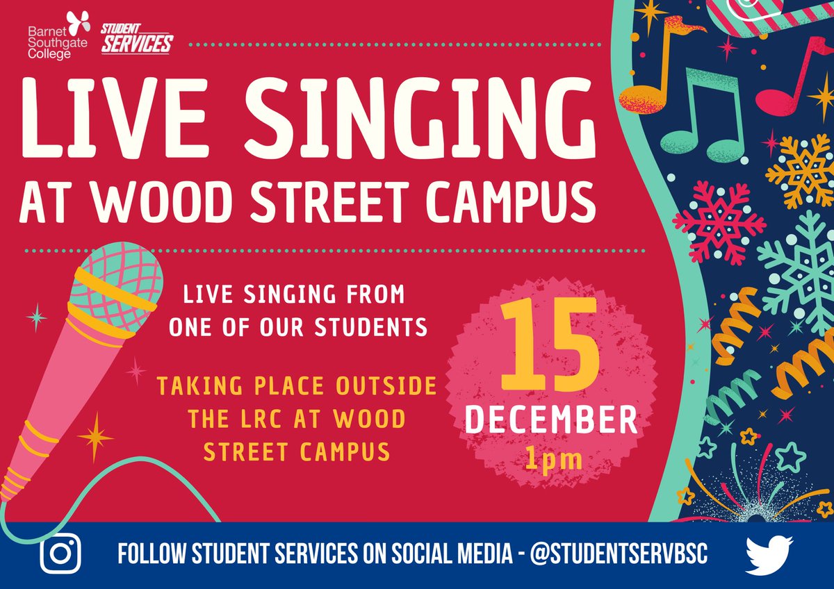 studentservbsc's tweet photo. We are excited to announce that one of our students will be singing live at Wood Street Campus this Thursday! 🎤

The live singing will begin at 1pm and take place outside the LRC. 🎶

Come along, enjoy some music and show your support! 💯

@barnetsouthgate #LiveSinging https://t.co/sff9ZyxaWt