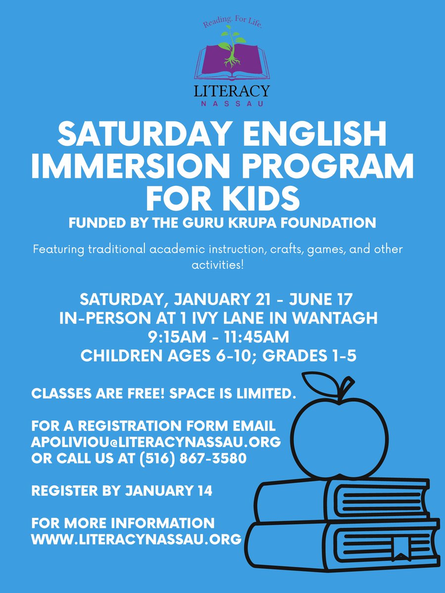 We will be doing another session of our Guru Krupa Foundation funded Saturday English Immersion Program!!

Email Anne-Marie at apoliviou@literacynassau.org to get the registration form. Register by January 14th.