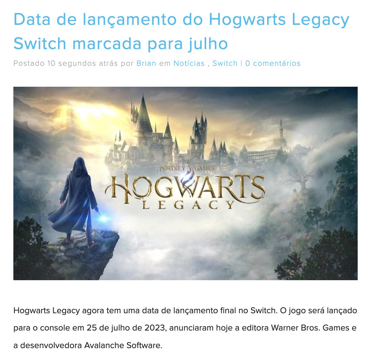 Hogwarts Legacy também será lançado para Nintendo Switch!