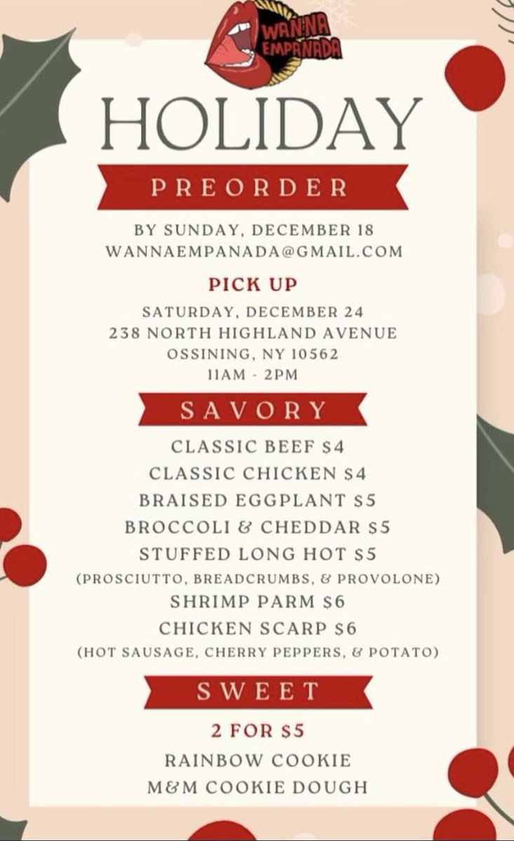 #WannaEmpanada Holiday Preorder…little hint…Stuffed Long Hot and Chicken Scarp are truly amazing. Must get #HappyHolidays #empanadas @lohudfood