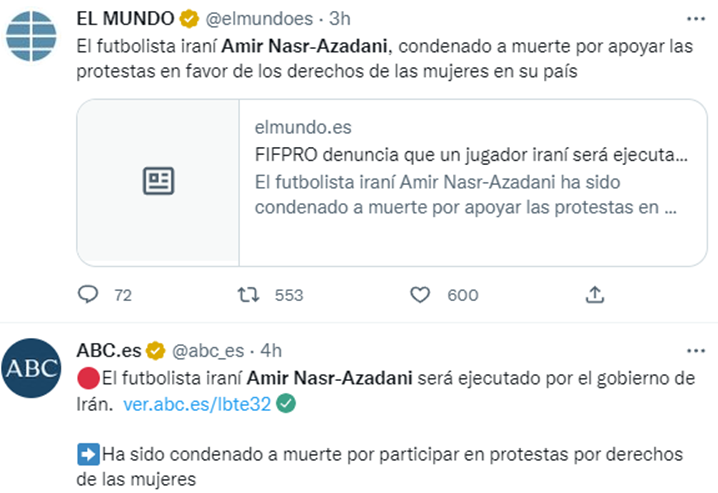 NewsReputation's tweet photo. Es curioso ver como los medios se autoasignan derecho a la desinformación cuando se considera que es por una buena causa
La prensa en España titula con unanimidad que condenan a muerte al futbolista por "apoyar las protestas"
Hay que hurgar para saber que se le acusa de asesinato https://t.co/IWfOi8A37M