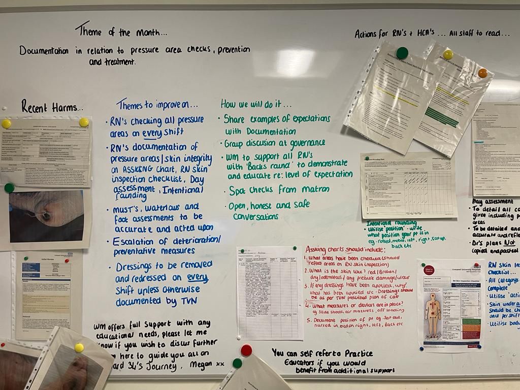 SamanthaJane555's tweet photo. After a cluster of HAPUs, ward 34 &amp; 35 are making their theme of the month #pressureulcerprevention. Actions and responsibilities are clearly set out with support options sign posted- great work Megan &amp; Clare #reacttored @LivHospitals https://t.co/eYdwtFRj0C