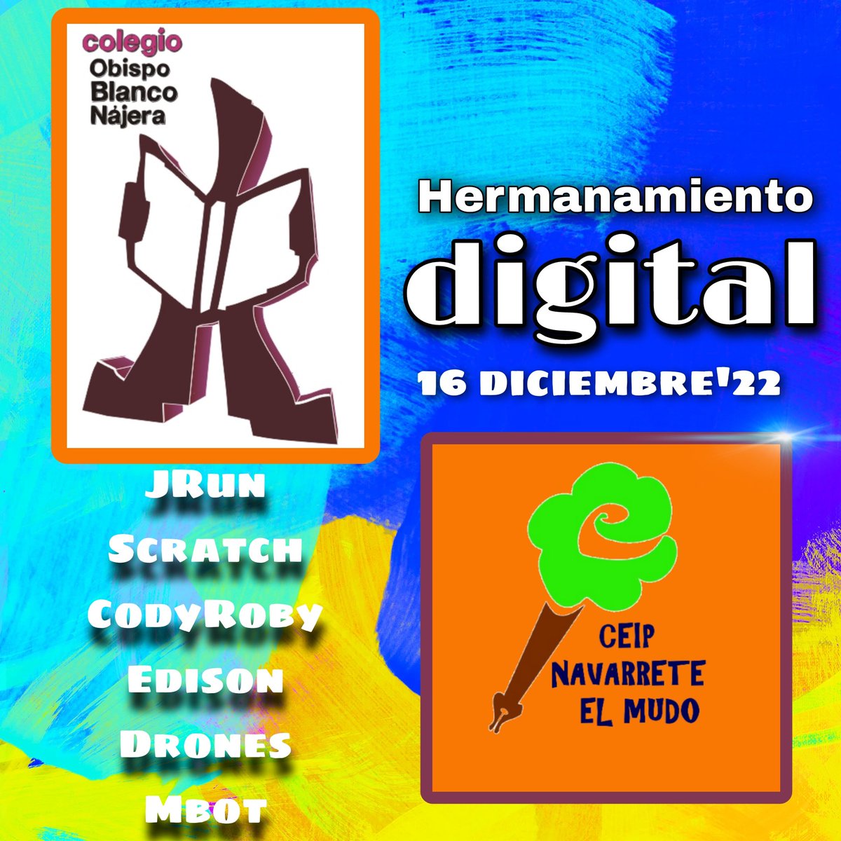 Después de dos años de parón vuelve el 'Hermanamiento Digital' del <a href="/navamudo/">CEIP NAVARRETE EL MUDO</a> y CEIP Obispo Blanco.

Juntaremos a los 4° de ambos coles en el Obispo para hacer: programación con <a href="/scratch/">Scratch Team</a>, Coches Edison, JRun, Drones Parrot y desconectada con las cartas CodyRoby y Bits&amp;Bytes