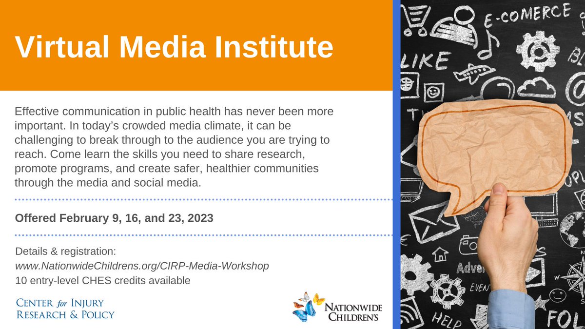 Early bird registration ends Friday⏳for the Virtual Media Institute in Feb. 2023! Join us for three 1/2 days of interactive learning on Zoom and a 1-on-1 consult w/workshop leaders. nationwidechildrens.org/CIRP-Media-Wor… @ChesMches @CIRTC_ @Tracy_Mehan #SciComm #HealthComm #HealthEducator