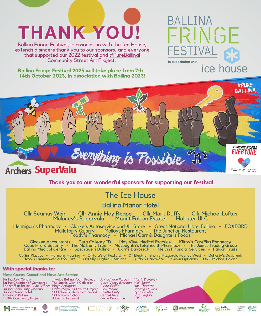Ballina Fringe Festival (@ballinafringe) on Twitter photo THANK YOU to everyone who supported #BallinaFringeFestival this year. It was a huge success and community effort thanks to our funders, sponsors, participants, performers, supporters & volunteers.
Thanks <a href="/WesternPeople/">Western People</a> for including our ad today and for the coverage all year. THANK YOU to everyone who supported #BallinaFringeFestival this year. It was a huge success and community effort thanks to our funders, sponsors, participants, performers, supporters & volunteers.
Thanks <a href="/WesternPeople/">Western People</a> for including our ad today and for the coverage all year.