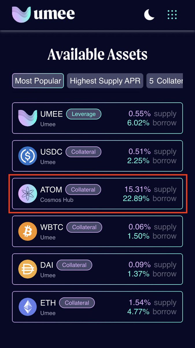 Our $ATOM APR's are through the roof right now! 🤯

💪 Let your tokens work FOR you!

Supply Now ⤵️
app.umee.cc/#/markets