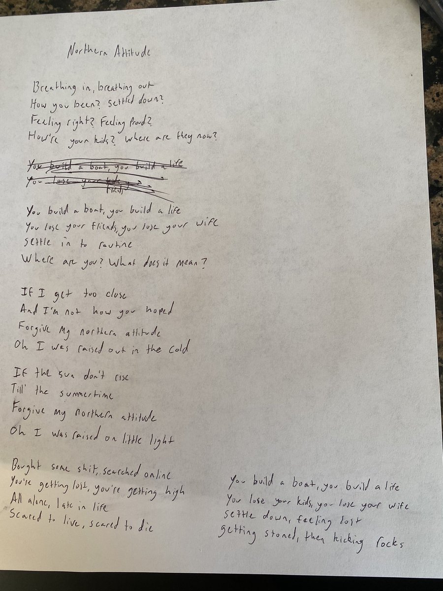 NoahKahan's tweet photo. Hand is fucking killing me so here are the first 5 songs on the record written out for y’all. I’ll do five more tomorrow then the last on Thursday! Love y’all always https://t.co/Bpi5GwyaYx