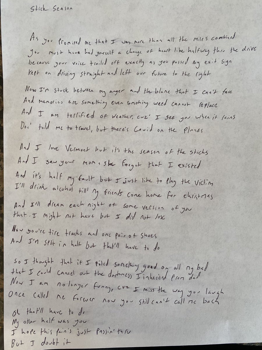 NoahKahan's tweet photo. Hand is fucking killing me so here are the first 5 songs on the record written out for y’all. I’ll do five more tomorrow then the last on Thursday! Love y’all always https://t.co/Bpi5GwyaYx