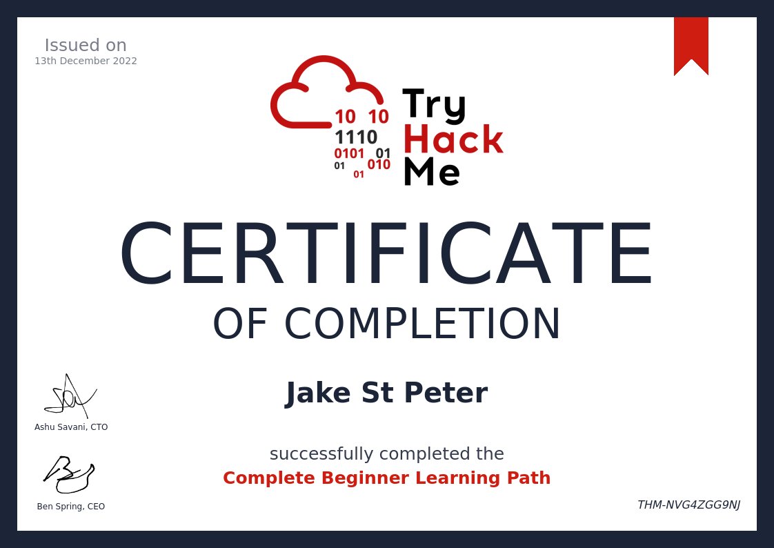 jakestpeter's tweet photo. I've completed the complete beginner path on TryHackMe!
#BDESquad #Pentesting #TryHackMe #CompleteBeginner https://t.co/AVmylzkOcN