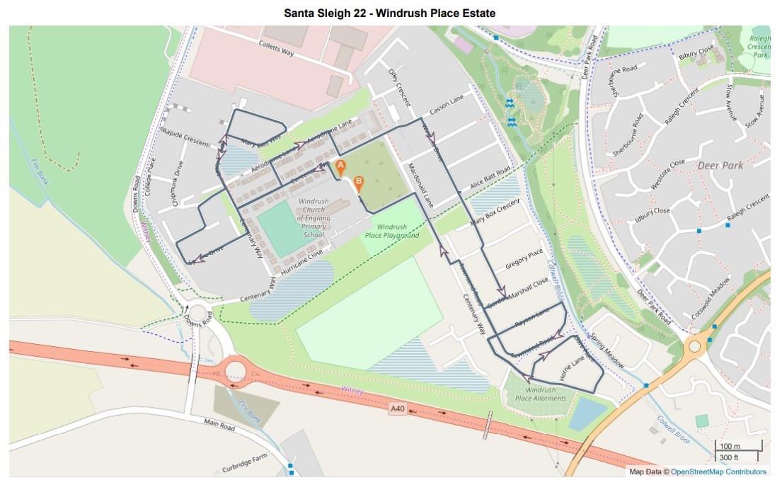 witney499's tweet photo. 🚨 Windrush place get ready 🚨

🎅Santa and sleigh will be with you around 6.30! 🎅

🎄Route is highlighted in attached image, any and all donations welcome 🎄 https://t.co/IhitRZgxxM