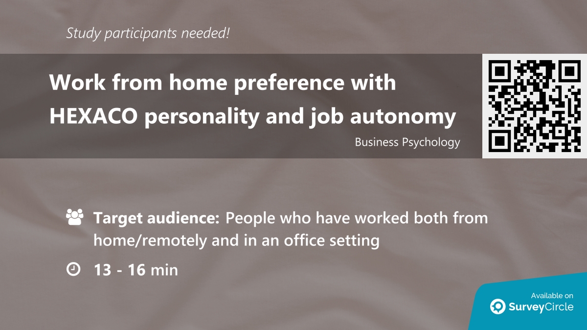 daily_research's tweet image. Participants needed for online survey!

Topic: &quot;Work from home preference with HEXACO personality and job autonomy&quot; surveycircle.com/H6N5FX/ via @SurveyCircle

#personality #BusinessPsychology #JobAutonomy #WorkingFromHome #RemoteWork #survey #surveycircle