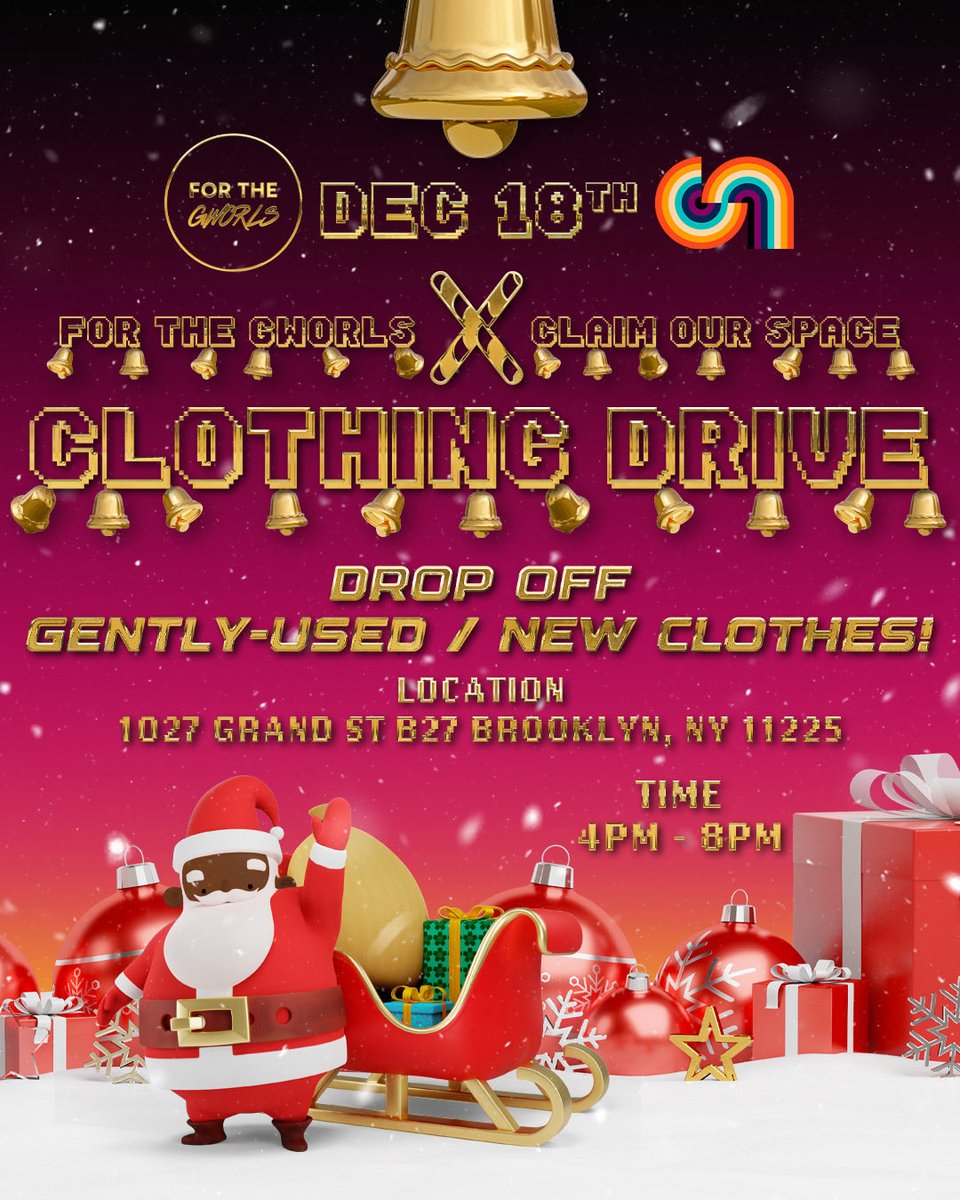 4THEGWORLS's tweet image. We're linking with Claim Our Space + Paper Therapy to collect clothes for our 2022 holiday drive!

12/18
4 PM -- 8 PM 
1027 Grand St BK, NY 11225. 

Come drop off GENTLY-USED / NEW CLOTHES, enjoy delicious food and a fab libation. Clothes will be donated to @claimourspace