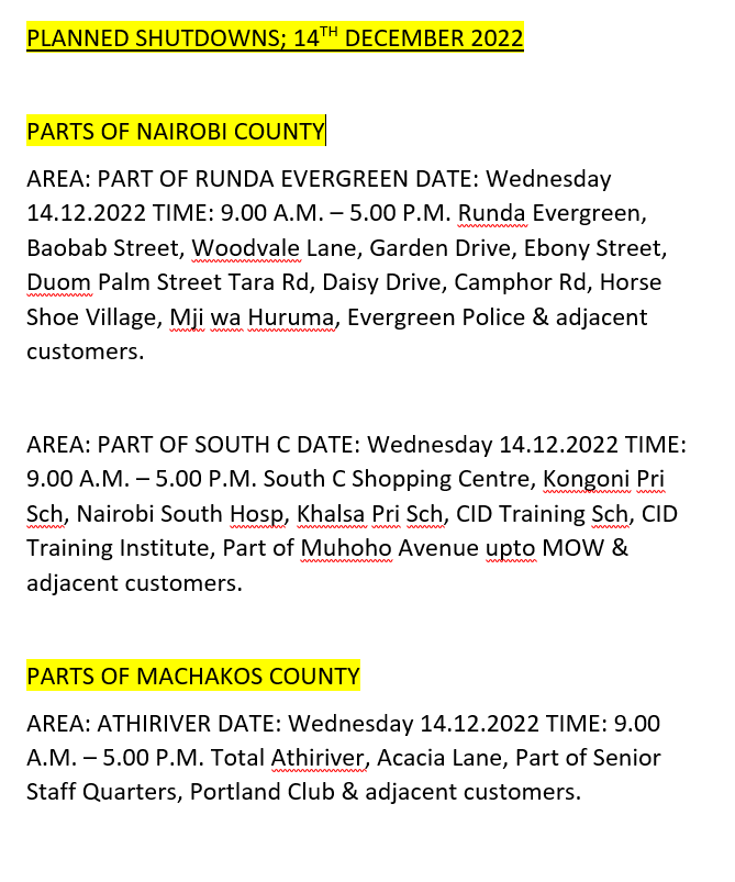 Good Evening. The listed areas will be affected by planned power interruptions tomorrow (14th December, 2022). The interruption is part of network maintenance. For the advance notice use bit.ly/31u4jY4. To access the latest schedule, check under the most recent date. ^MW