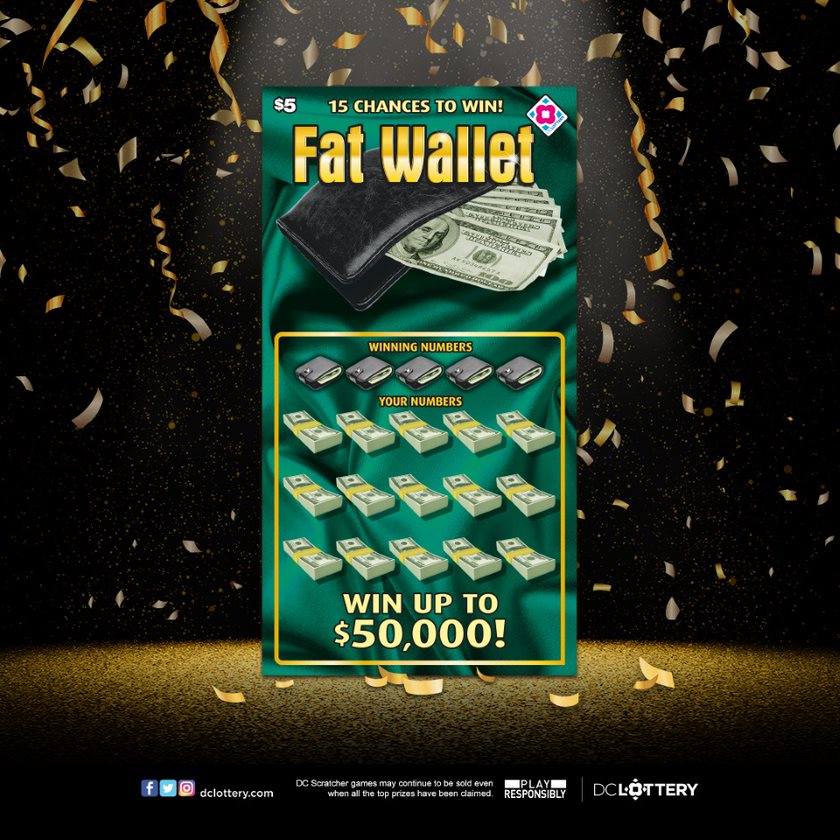 DCLottery's tweet photo. Scratch a Fat Wallet and you could win $50,000 instantly. Fat Wallet is exclusively available at your nearest DC Lottery retailer. #ItsFunToPlay https://t.co/zHJNgKDHCn