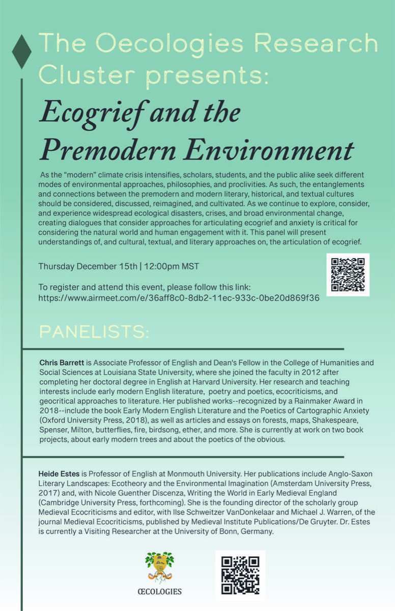 Ecogrief and the Premodern Environment happens in 2 days! Please join us!