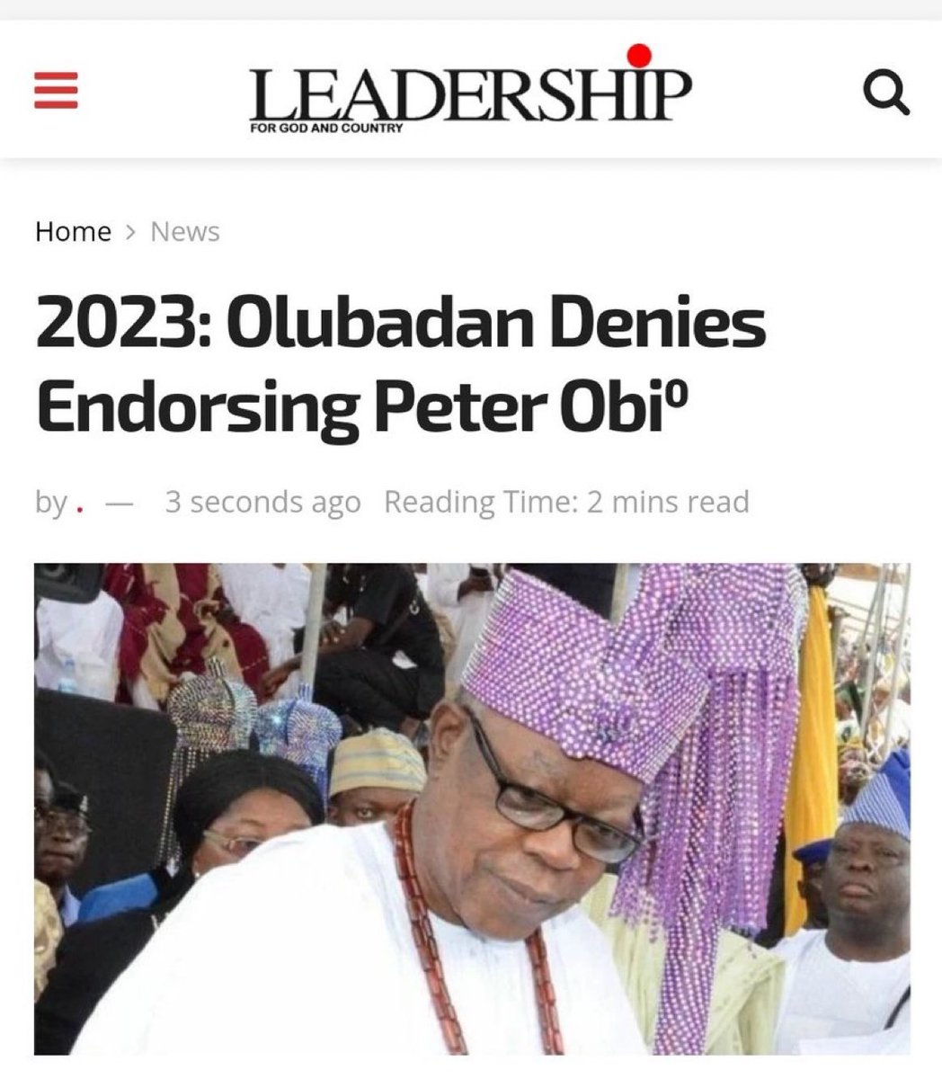 UthmanOlaide's tweet photo. Olubadan Didnโt Endorse Peter Obi โ Palace
The Palace of the Olubadan of Ibadanland has denied the purported endorsement of Mr Peter Obi, LP Presidential Candidate.
The palace described the claims as false and self-concocted aimed at misleading the general public.
#Obifraud https://t.co/jzGZohiHVJ