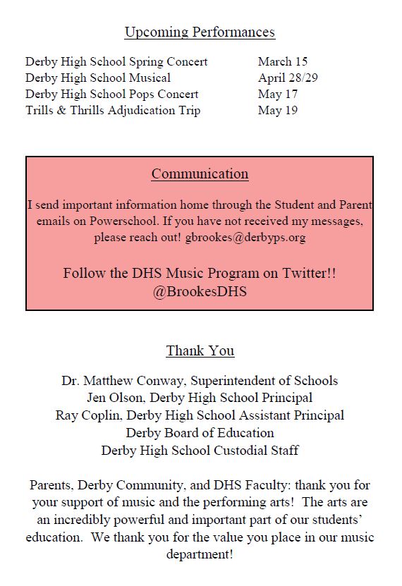 Can't wait for Wednesday night's WINTER CONCERT, where the incredible musicians of the DHS choir &amp; band will perform classic Christmas favorites. Come join <a href="/DerbyRedRaider/">Derby High School</a> at 6:30pm for a wonderful night of seasonal festivities &amp; amazing student talent. 
@BrookesDHS🎵🎺🎻🎷🥁🎶