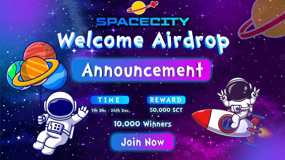 AirdropsWarrior's tweet photo. 🚨 Airdrop: SpaceCity Round 2 (SCT) 
🔥 Reward: 50,000 SCT (~$10) 
🏆 Winners: 10,000 Random  Top 300 
📅 End Date: 24th December 2022 
🚀 Distribution: 25th December 2022 
ℹ️ Airdrop Link: https://t.co/JhtDZbQrfA 
https://t.co/CR85VhELs2