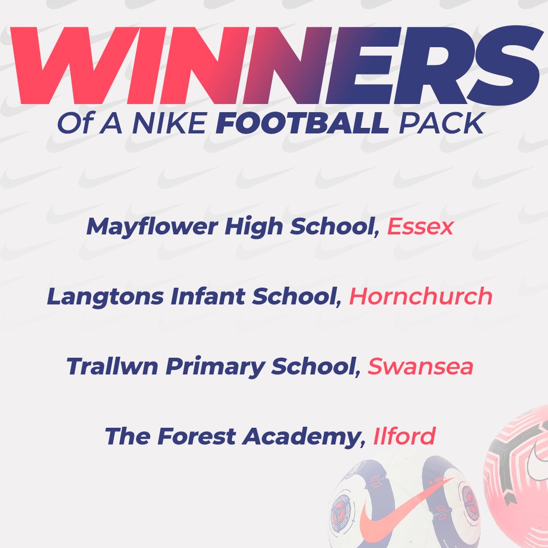 sportsduk's tweet photo. Thank you to all the #Schools who entered our #competition.
With nearly 412 entries, our Nike Football pack #winners are listed below. Follow us to find out when our next competition is live!
#teachers #nikegiveaway #peteachers #pe #schoolcompetitions #sports #edutwitter https://t.co/Lkmfb3dr6R