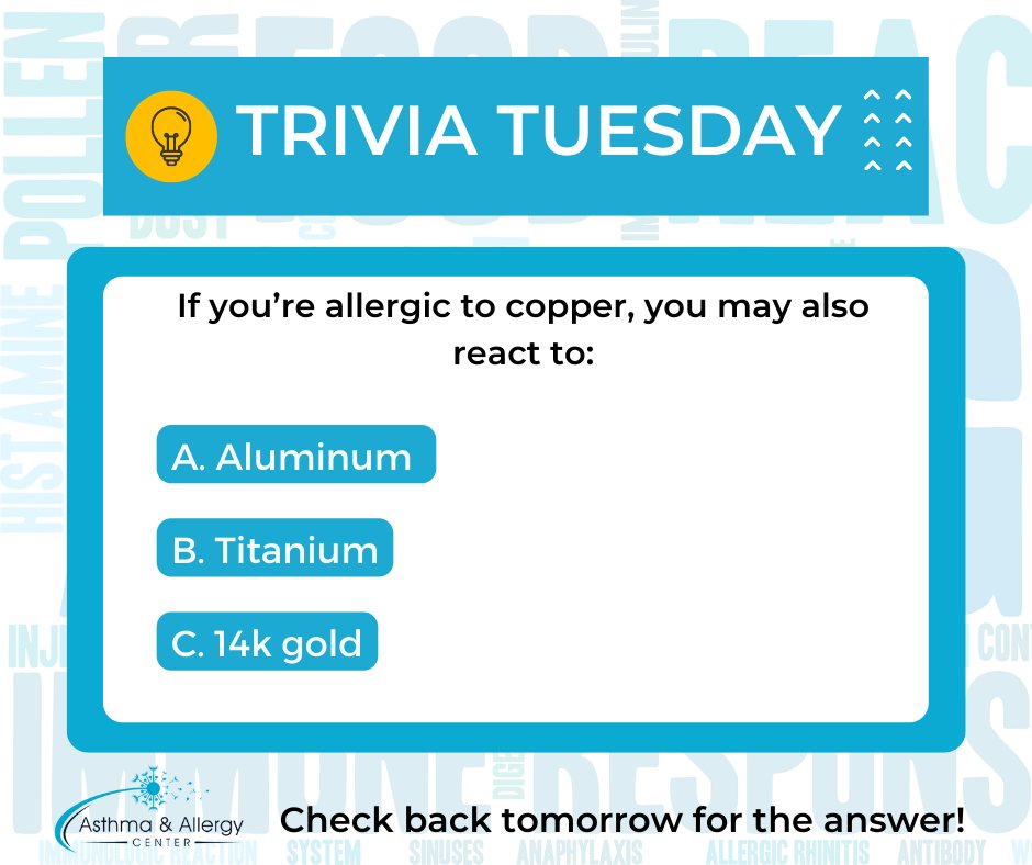 AsthmaAllergyVA's tweet image. This might be a tough one! What do you think the answer is?

#allergy #AACVA #TriviaTuesdayAnswer #allergist #RoanokeVa #copperallergy #skinallergy