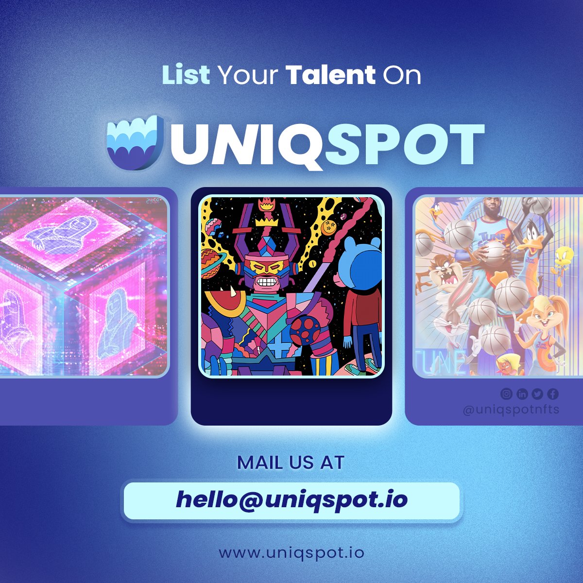Uniqspotnfts's tweet photo. List Your Talent On Uniqspot
Use #letsgetspot
LAUNCHING SOON
#nftcommunitys #uniqspot #nftartgallery #nftnews #nftmarketplace #nftinvestor #NFTs #cryptoartist #cryptoart #bitcoin #mintnft #art #digitalart #createnftsforfree #digitalartists https://t.co/GhIid6TGIa