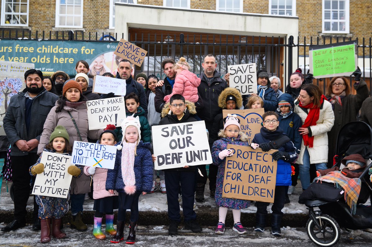 Save the LDU (@savetheldu) on Twitter photo Parents and pupils at
<a href="/LaycockPrimary/">Laycock Primary & Provision for Deaf children</a> today protesting vs cuts to the school’s UK-leading deaf ed provision. The cuts, proposed by head and governors, supported by
<a href="/IslingtonBC/">Islington Council</a> will have a devastating impact on the education of 64 deaf kids at the school #SaveLaycockDeafUnit Parents and pupils at
<a href="/LaycockPrimary/">Laycock Primary & Provision for Deaf children</a> today protesting vs cuts to the school’s UK-leading deaf ed provision. The cuts, proposed by head and governors, supported by
<a href="/IslingtonBC/">Islington Council</a> will have a devastating impact on the education of 64 deaf kids at the school #SaveLaycockDeafUnit