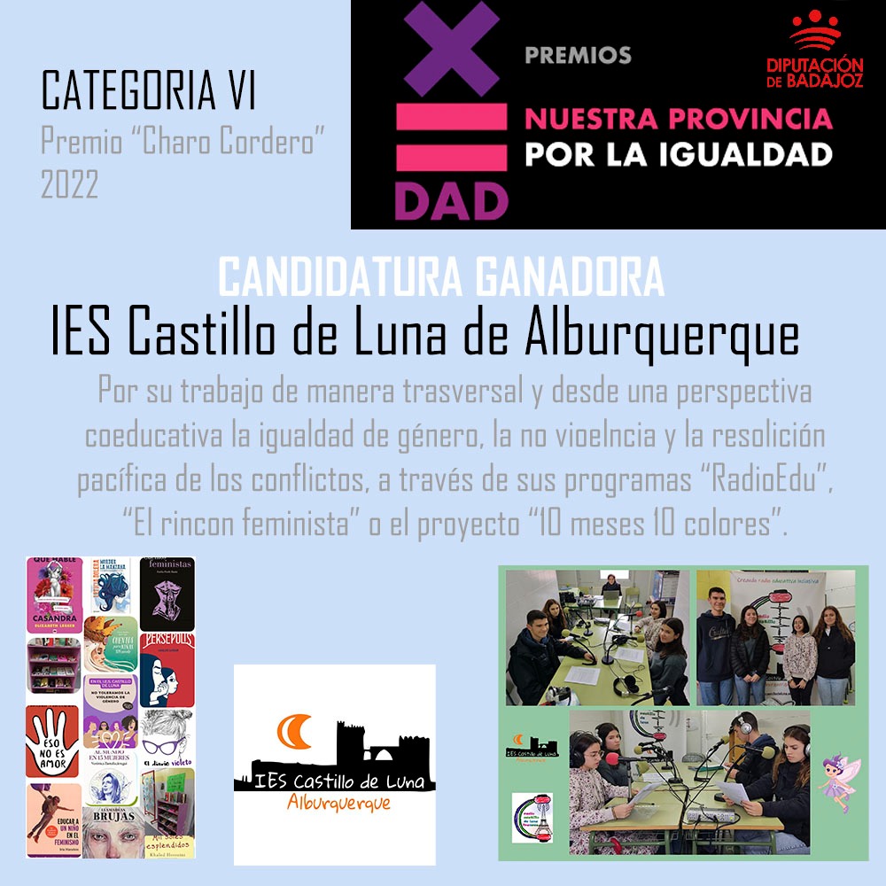 CastilloRadio's tweet photo. Alegría en #IESCastillodeluna de #Alburquerque por el premio #CharoCordero2022 por la igualdad de @DipBadajoz al centro, por el trabajo coeducativo con instrumentos como @CastilloRadio de @RadioEdu @LunaBiblioteca @MesesDeColores @AlburFrance @foronativos 
https://t.co/4tixvf4wql https://t.co/klLm8XJQMR