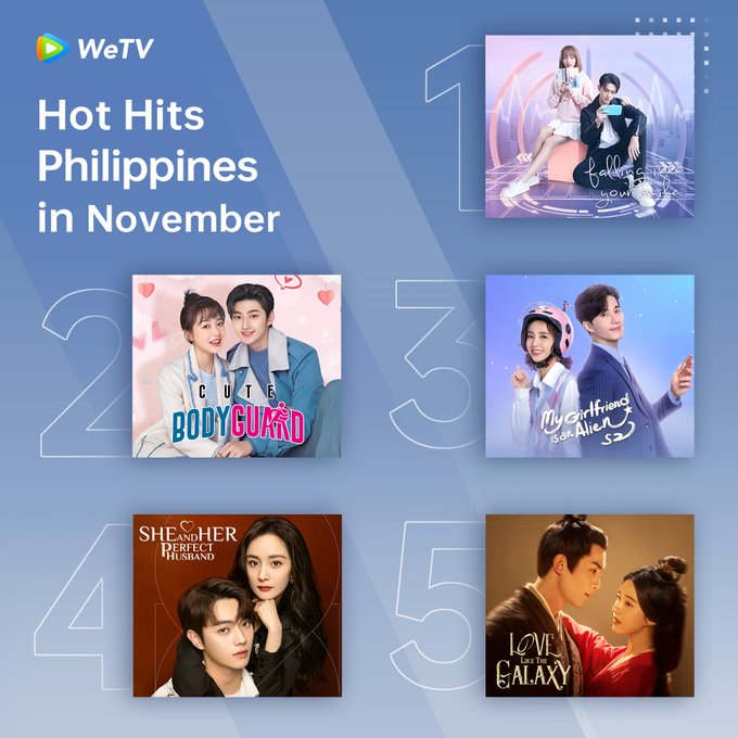 CdramaL's tweet photo. 「📸 | #WeTV Filipinas Hot Hits em novembro🔥
#FallingintoYourSmile 
#CuteBodyguard
#MyGirlfriendIsAnAlien2 
#SheandHerPerfectHusband
#LoveLiketheGalaxy https://t.co/L8xByXK86a