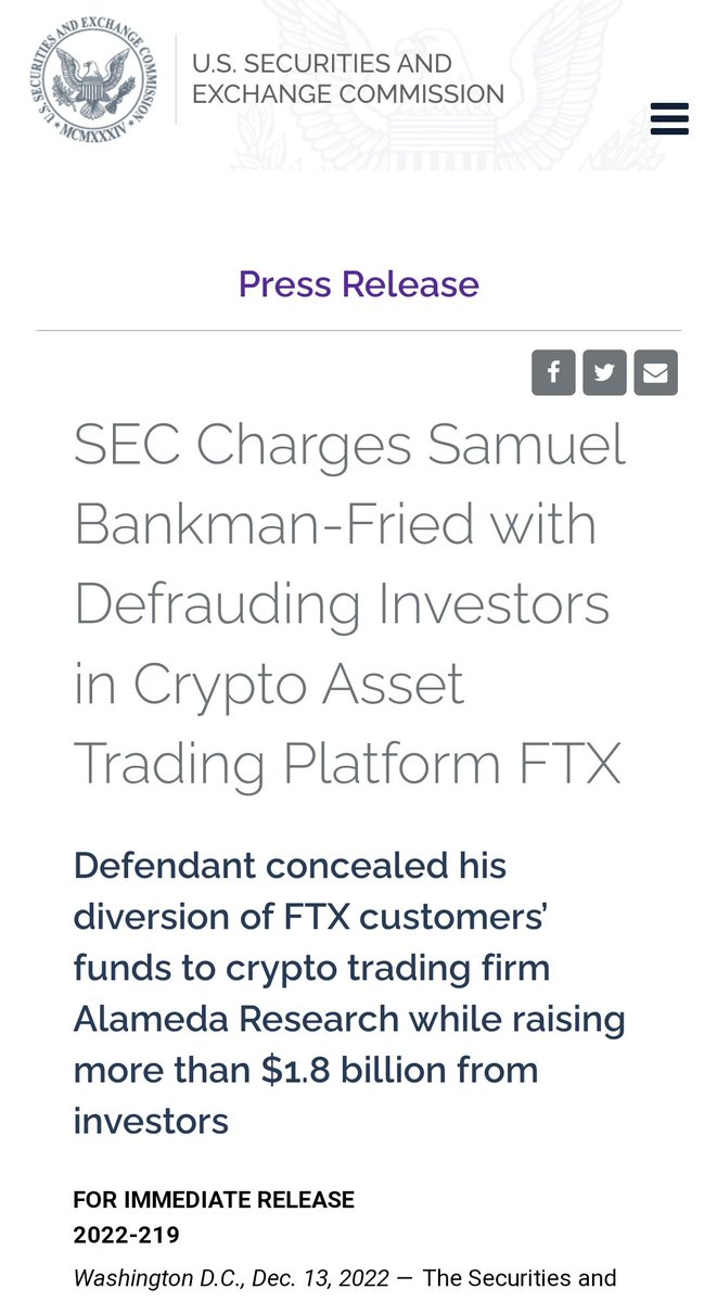 <a href="/SECGov/">U.S. Securities and Exchange Commission</a> Charges Samuel Bankman-Fried with Defrauding Investors in #CryptoAsset Trading Platform #FTX.

Defendant concealed his diversion of FTX customers’ funds to #crypto trading firm #AlamedaResearch while raising more than $1.8 billion from investors."
sec.gov/news/press-rel…