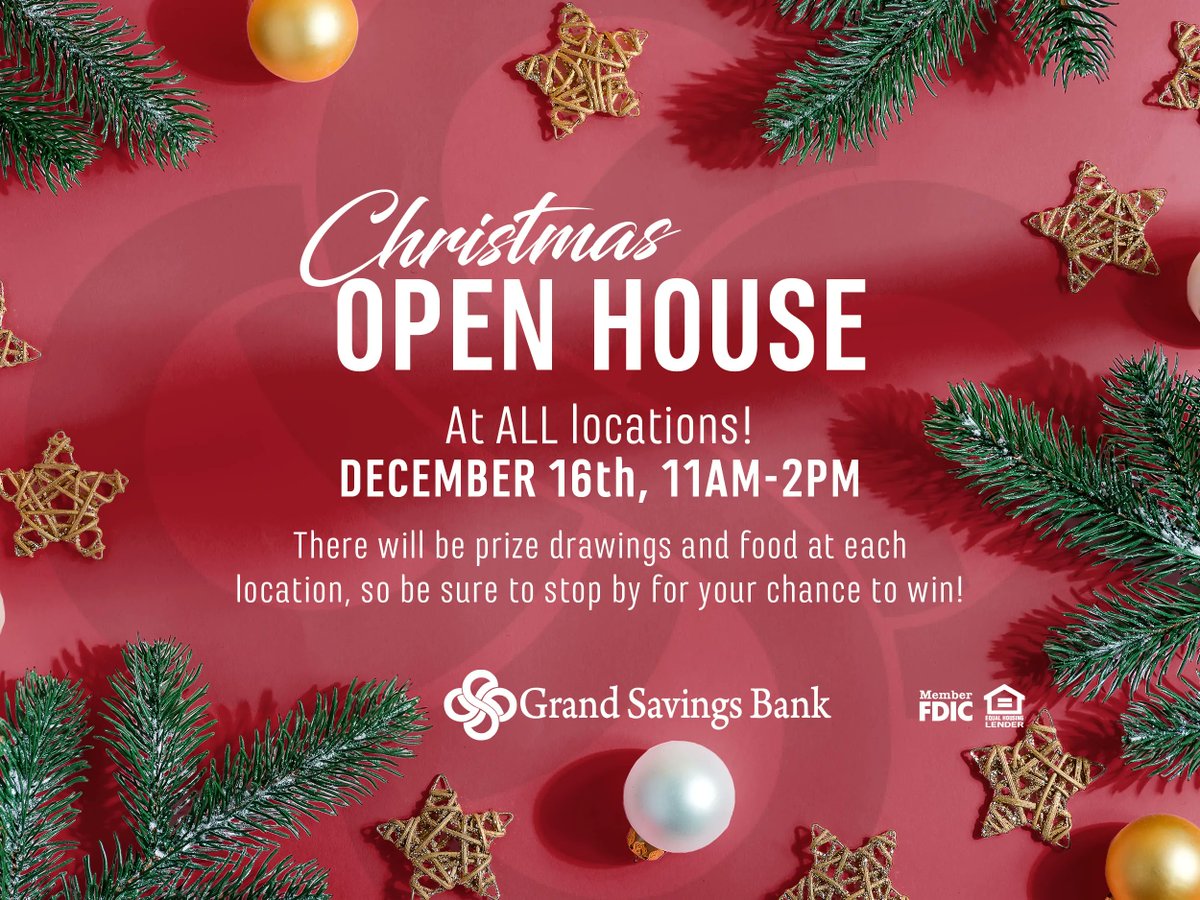 GrandSavBank's tweet photo. Save the Date: Christmas Open House at all of our locations on Friday, December 16th from 11 am to 2 pm. 🎄 https://t.co/Ac4hgI9VNn