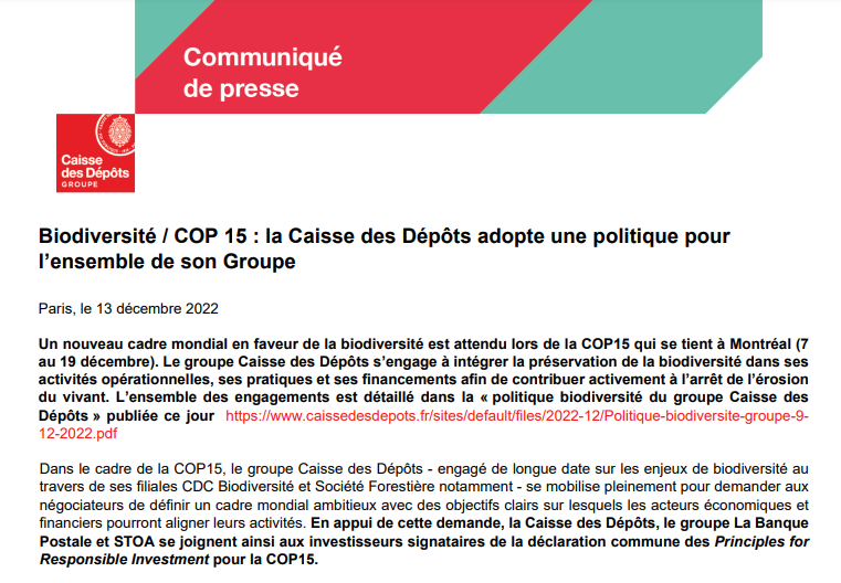 #COP15 : La <a href="/caissedesdepots/">Caisse des Dépôts</a> dévoile sa 1ère politique #biodiversité. Mesure d’empreinte, maitrise des impacts négatifs, financements et offres dédiées, contribution à la recherche et à la formation : Le groupe se mobilise pour enrayer la perte du vivant
👉bit.ly/3VVgB94