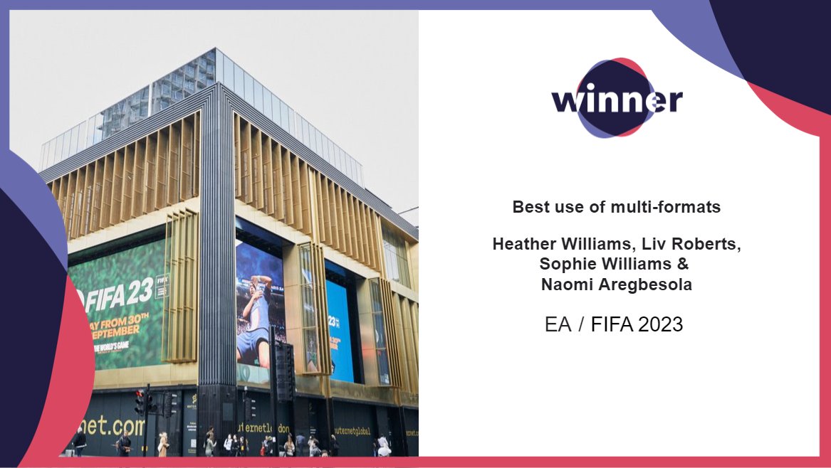 kineticwwUK's tweet photo. Winner! Best use of multi-formats goes to Heather Williams, Liv Roberts, Sophie Williams and Naomi Aregbesola for our recent campaign with @EASPORTSFIFA!
Each 1/4, our teams nominate their work & colleagues for a chance to win some juicy prizes! #KineticColours #InternalAwards https://t.co/nGlFAEFzNJ