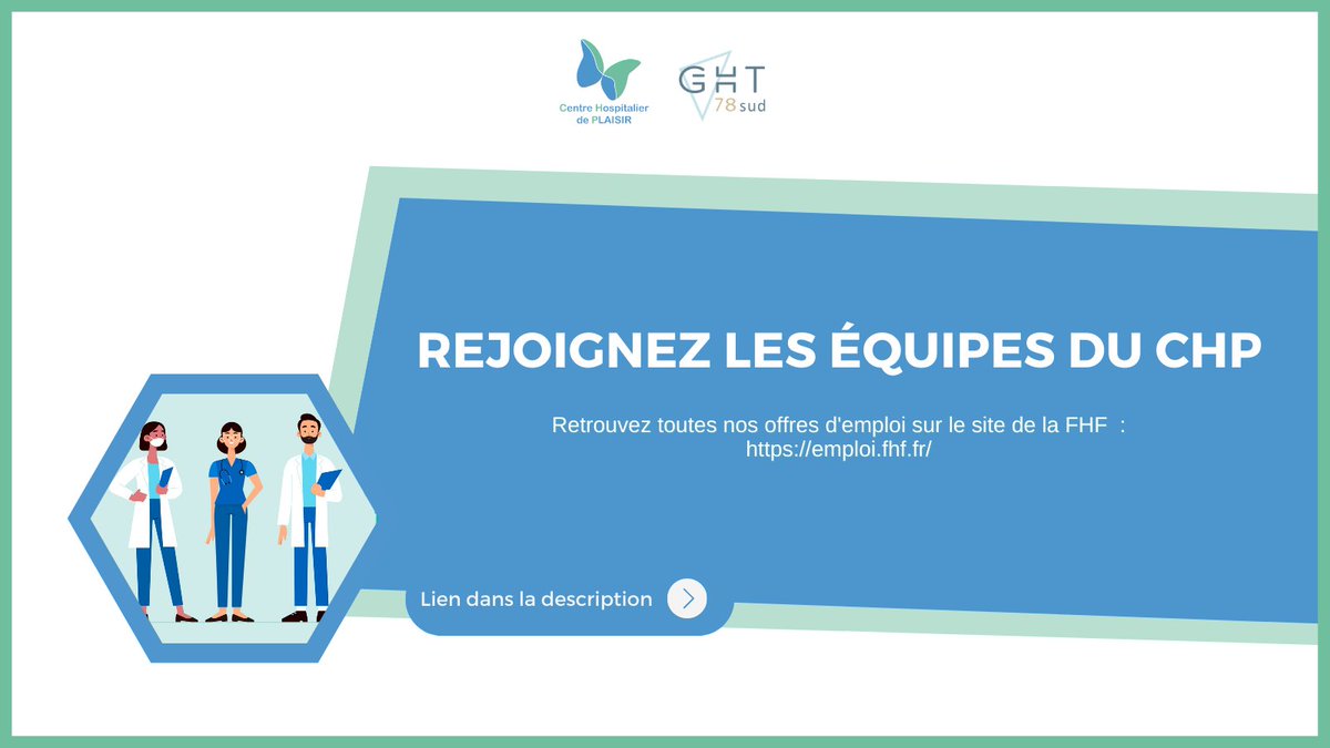 Vous êtes médecin, infirmier ou encore assistant social ?
Le <a href="/CentrePlaisir/">Centre Hospitalier de Plaisir</a> recrute !

Retrouvez nos offres d'emploi ici 👉 bit.ly/3PlMSU1

#recrutement #plaisir #emploi #hopital #infirmier #psychiatre #medecin #cdd #cdi #offreemploi