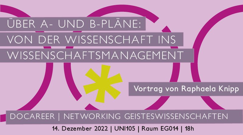 Morgen (14.12.22) ist unserer ehemalige Koordinatorin Dr. Raphaela Knipp im Rahmen unserer DoCareer-Reihe bei uns zu Gast. Zurzeit koordiniert sie das <a href="/sfb1472/">● TDP – Transformationen des Populären</a> an der <a href="/UniSiegen/">Universität Siegen</a>. 
Vortragstitel: “Über A- und B-Pläne: Von der Wissenschaft ins Wissenschaftsmanagement”