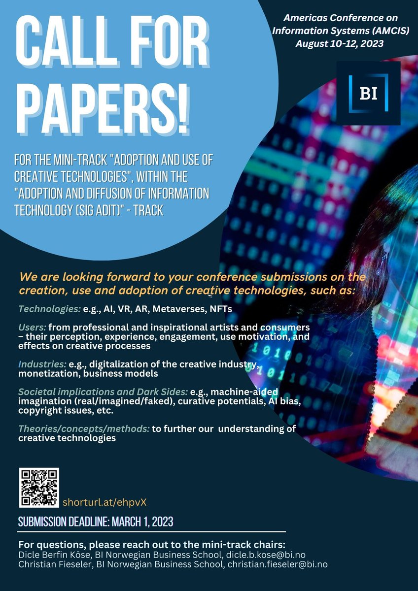 BI_NCIS's tweet photo. @dicleberfink and @dasfiesch will be hosting a mini-track on “Adoption and Use of Creative Technologies” at the Americas Conference on Information Systems (AMCIS) 2023, and are looking forward to your #submissions!

More information here: https://t.co/VyxHepv4H2 https://t.co/h6DUR0v3AE