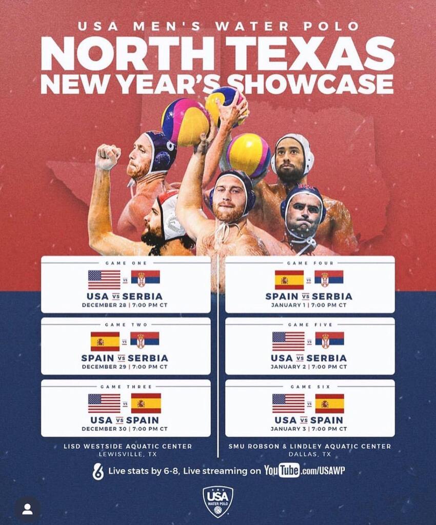 The USA Men's National Team welcomes Spain and Serbia to the North Texas New Year's Showcase starting December 28! The action opens at the Lewisville Westside Aquatic Center from December
28-December 30 and continues January 1-3 at the SMU Robson &amp; Lindl… instagr.am/p/CmG6IfvrizY/