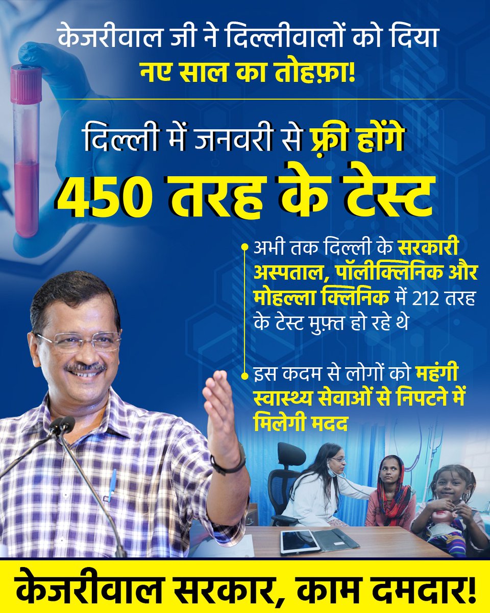 AAPDelhi's tweet photo. दिल्ली में 1 जनवरी से 450 तरह के मेडिकल टेस्ट मुफ्त देगी केजरीवाल सरकार। https://t.co/vXaFbQWTmo